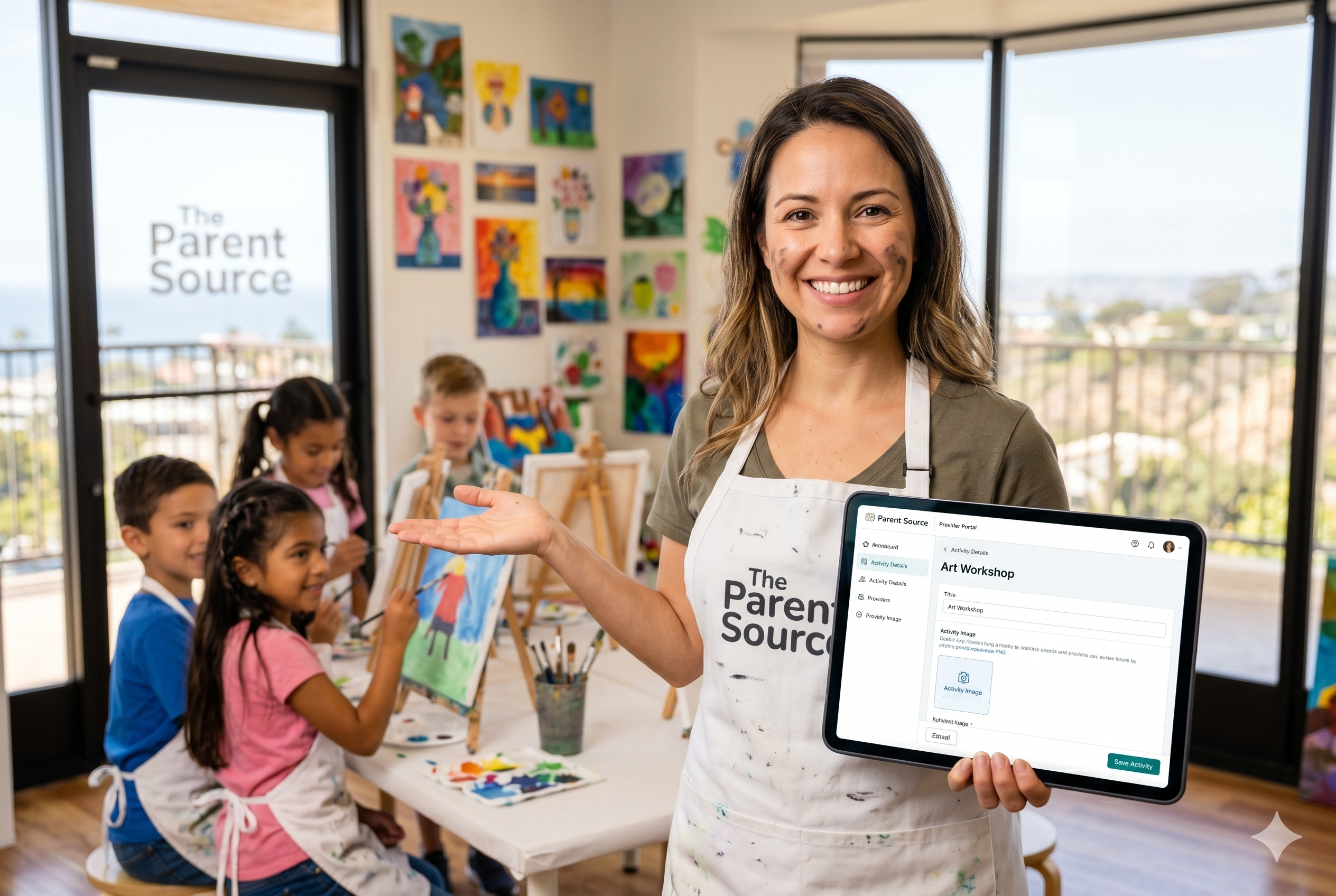 A San Diego art instructor smiling and holding a tablet showing The Parent Source provider portal, with children painting in the background