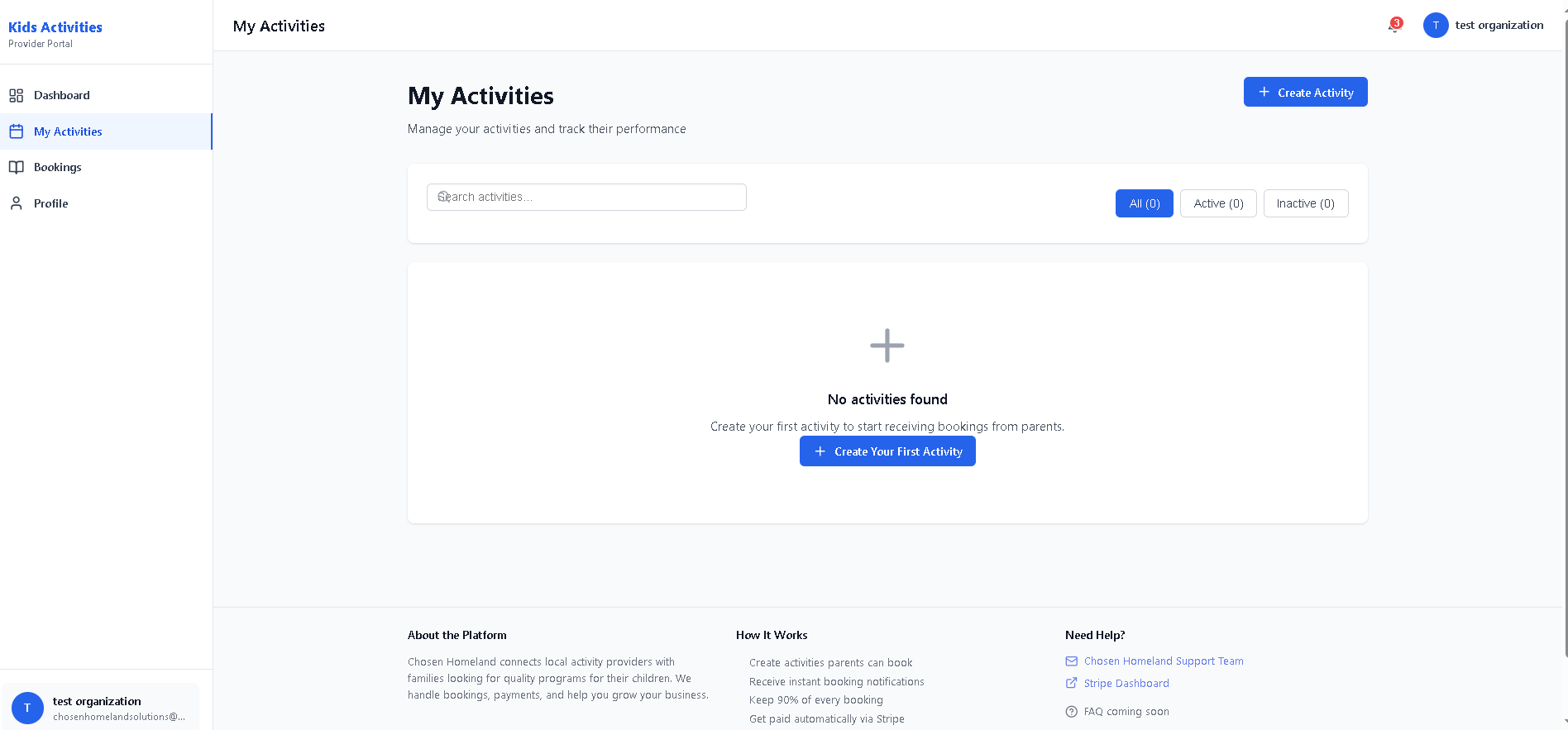 The provider My Activities screen where listings are created and managed