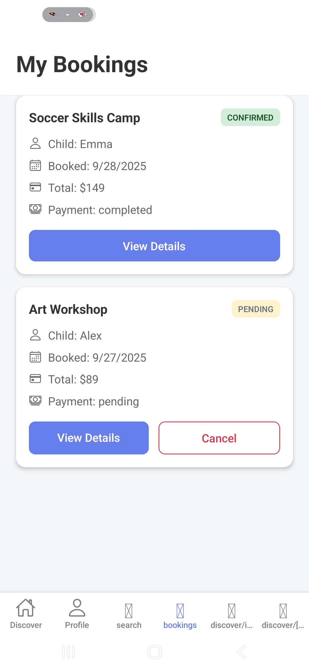 The Parent Source app My Bookings screen showing confirmed and pending bookings