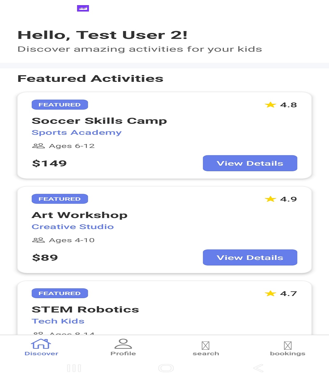 The Parent Source app showing featured activities to discover