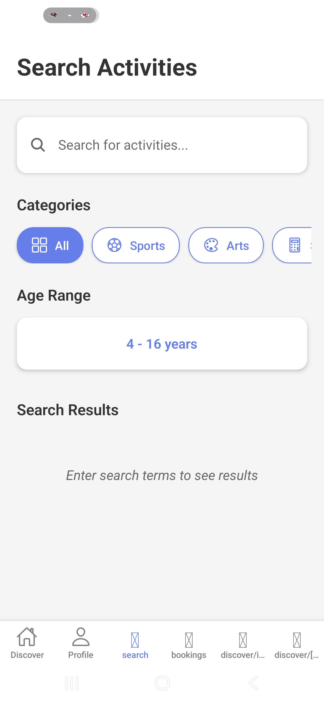 The Parent Source app search screen with category and age filters