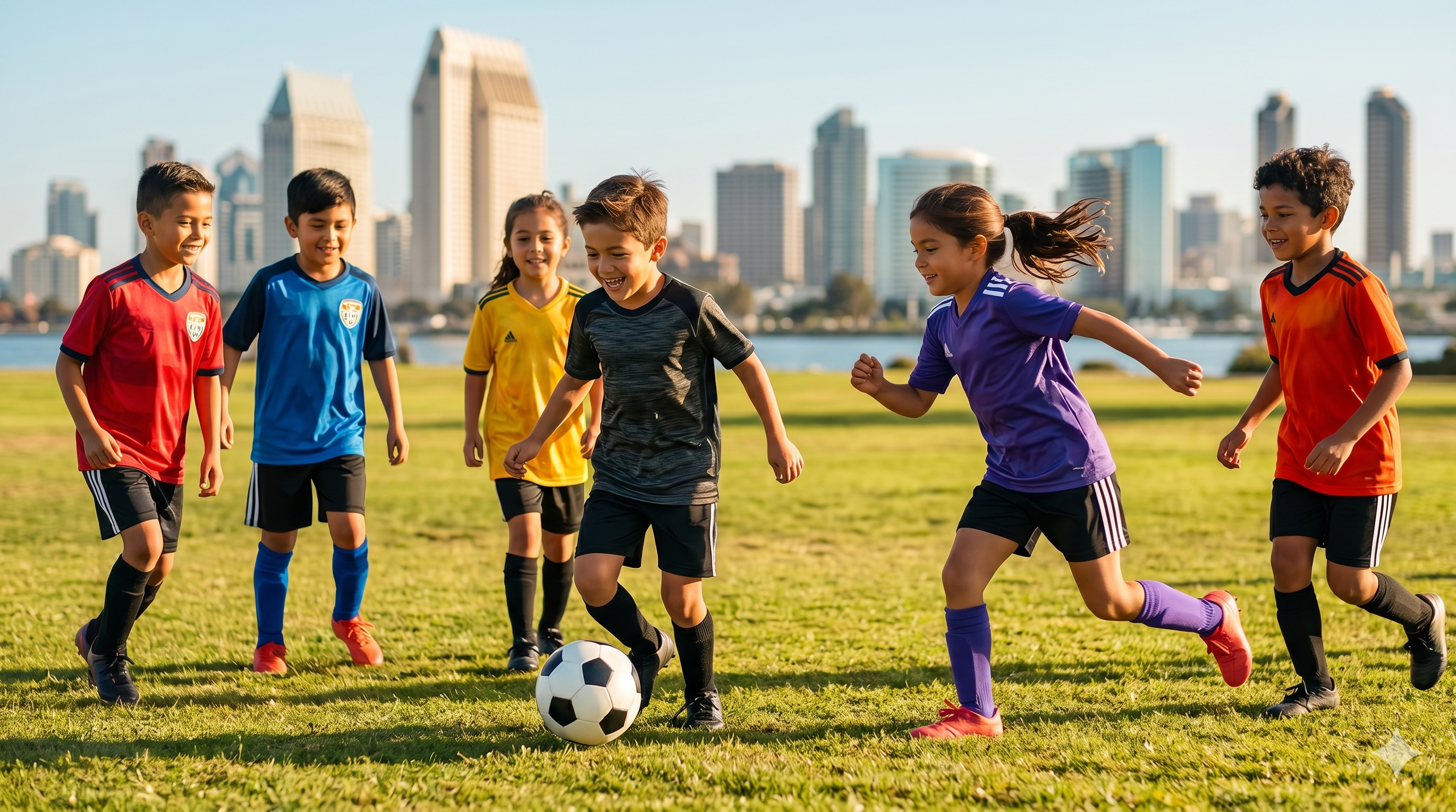 Children playing soccer in a park with the San Diego skyline behind them