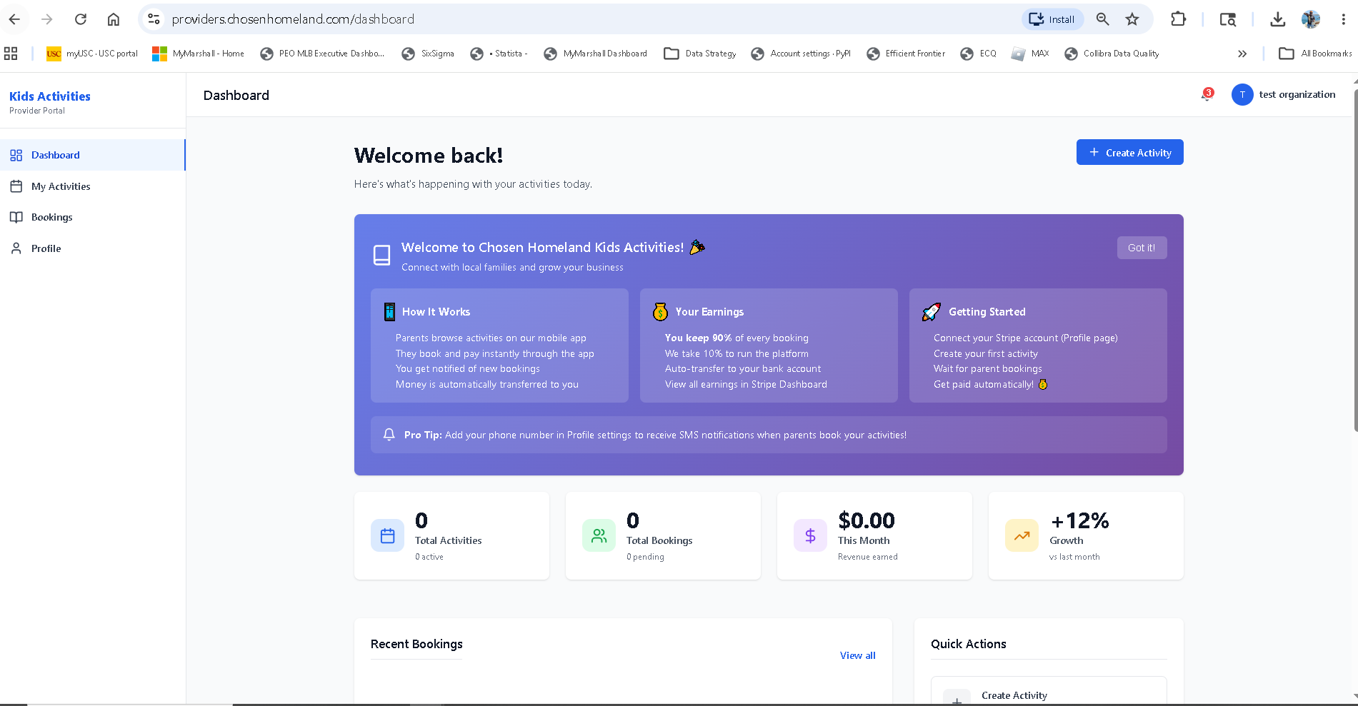 The Parent Source provider dashboard showing total activities, bookings, monthly revenue and a 90 percent earnings breakdown