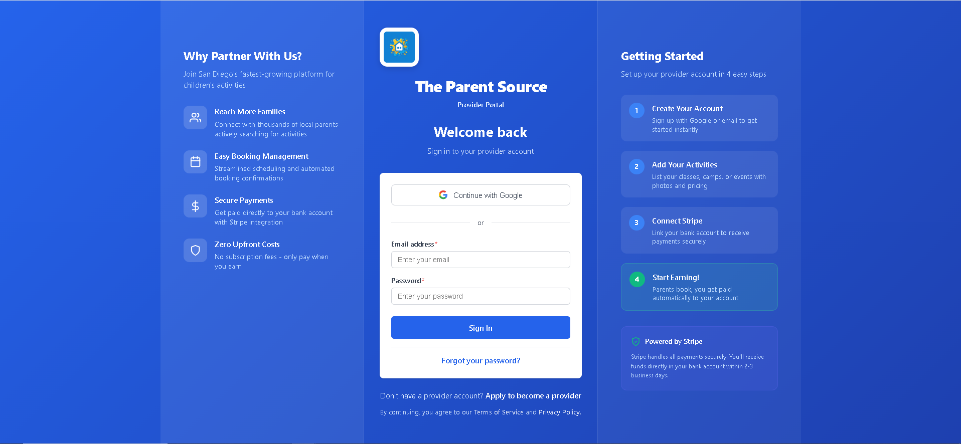 The Parent Source provider portal sign-up page